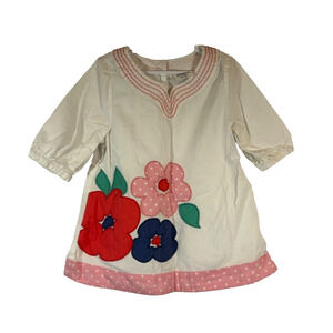 Mini Boden White Floral Pocket Dress, Size 1 1/2- 2 Year Flowers Embroidered A6